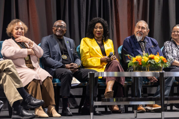 Award recipients (L-R) Vernice Miller-Travis, Dr. Robert Bullard, Dr. Beverly Wright, Tom Goldtooth, and Susana Almanza share a lighthearted moment on stage. 